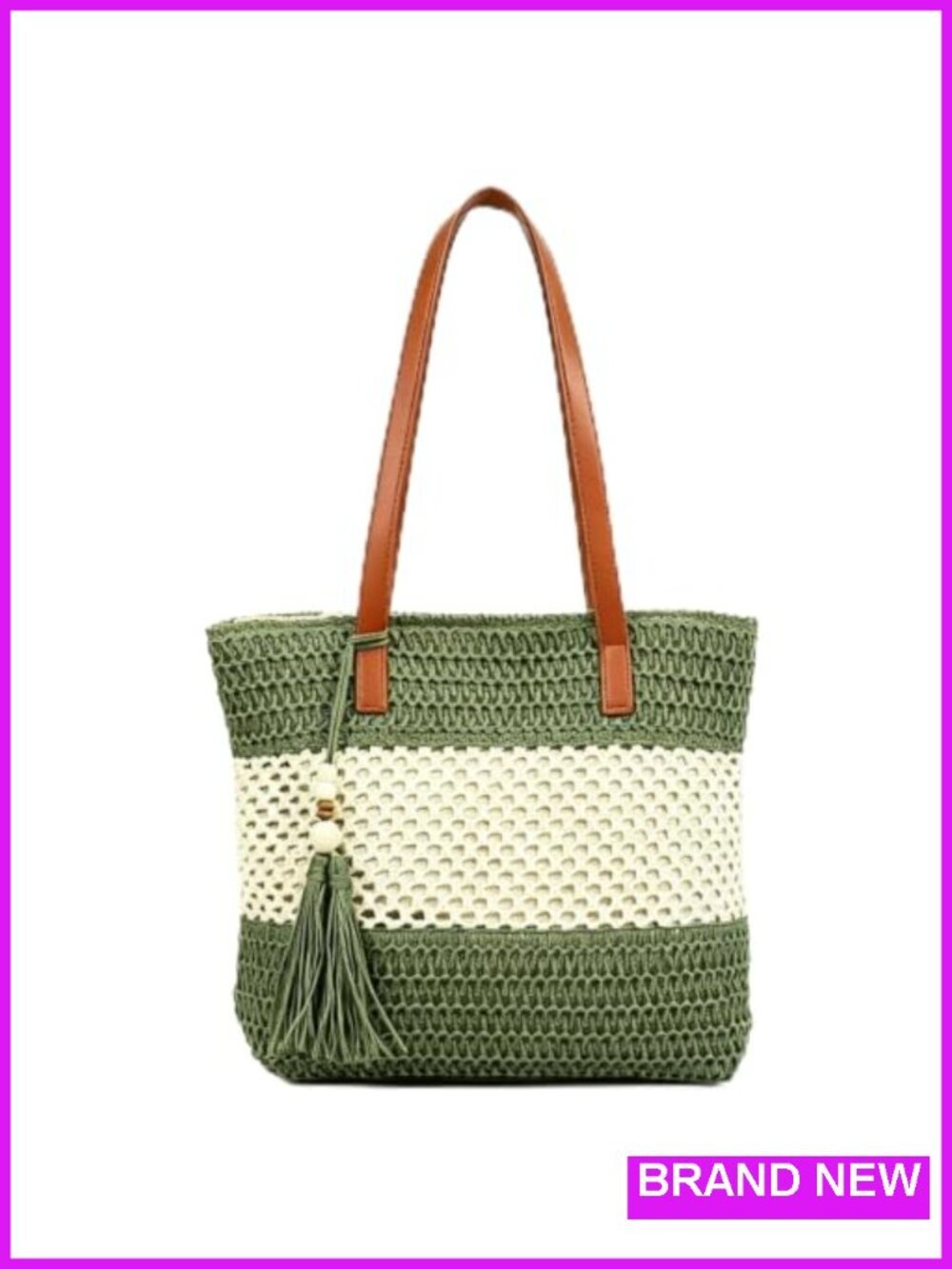Natural Straw Woven Tote Bag with Zip Closure Shoulder Purse